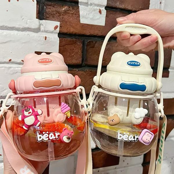 CUTE BEAR SHAPE SIPPER PLASTIC WATER BOTTLE WITH PUSH BUTTON SIPPER BOTTLE HANGING ROPE Capacity: 1000ML & 500 ml