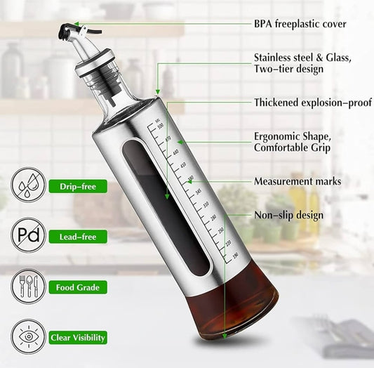 Homecloud Stainless Steel and Glass Oil Dispenser Bottle with Measuring Scale (300ML)