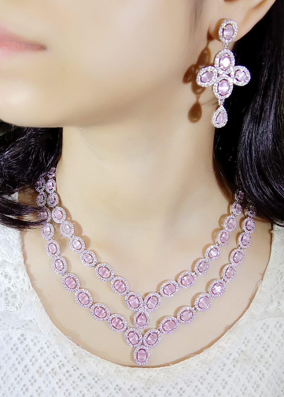 Women Silver-Plated American Diamond-Studded Necklace with Earrings & Mangtika (Only for Wholesale)