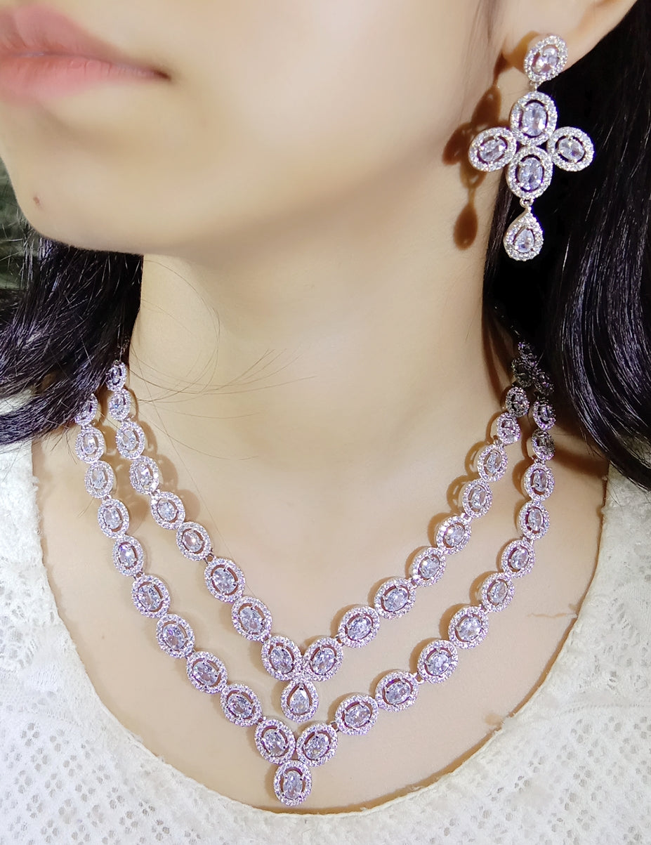 Women Silver-Plated American Diamond-Studded Necklace with Earrings & Mangtika (Only for Wholesale)