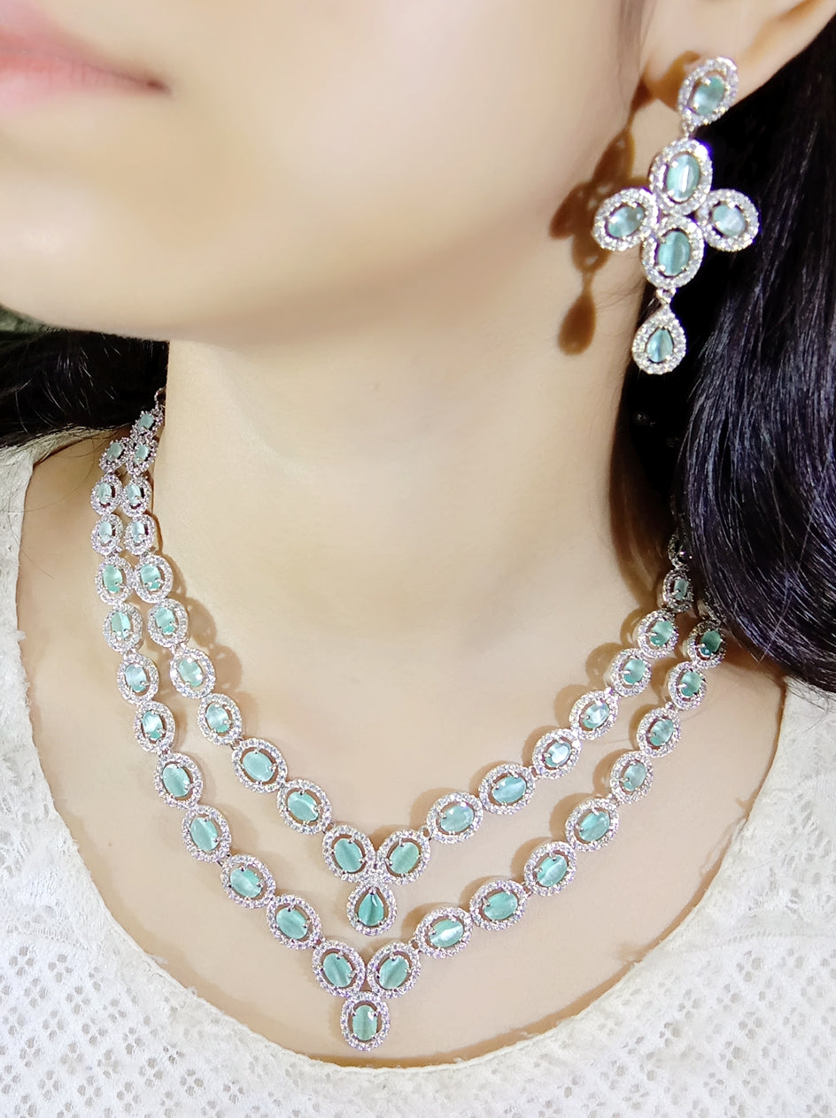 Women Silver-Plated American Diamond-Studded Necklace with Earrings & Mangtika (Only for Wholesale)