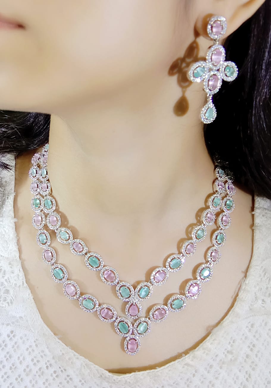 Women Silver-Plated American Diamond-Studded Necklace with Earrings & Mangtika (Only for Wholesale)