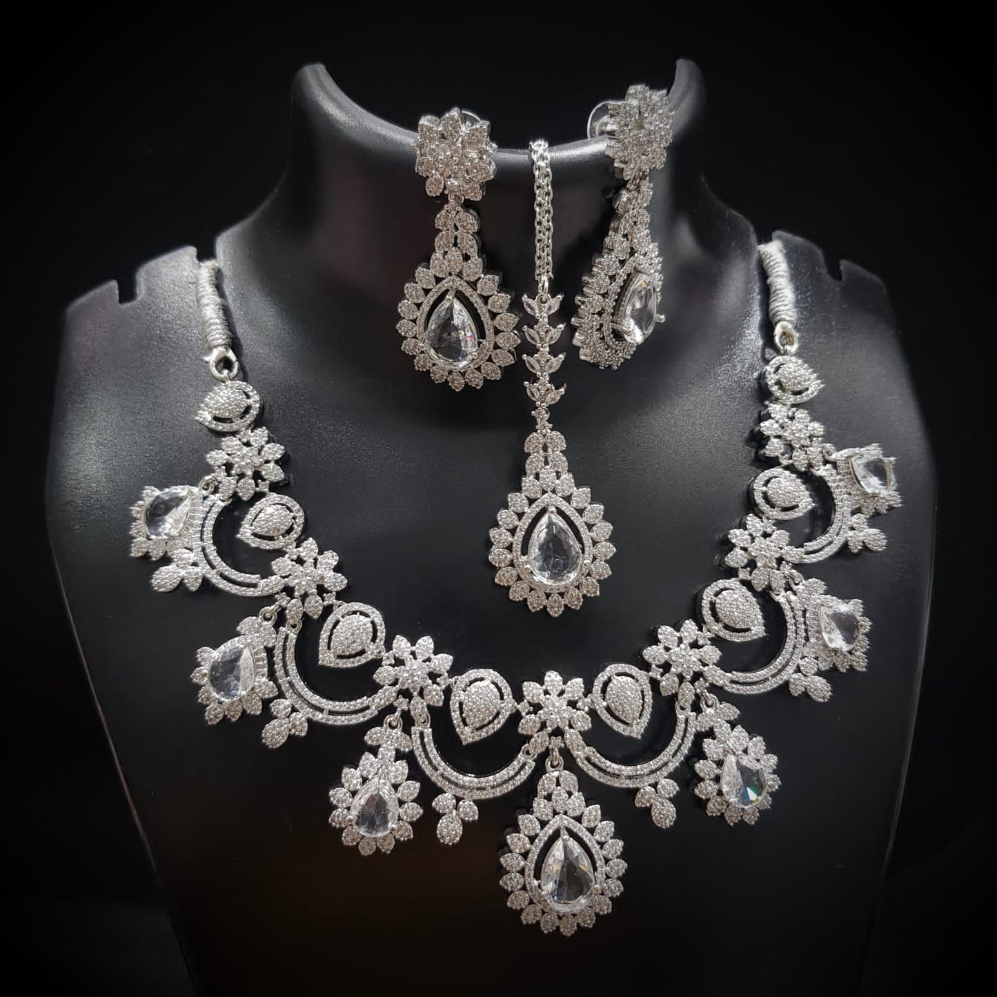 Real American Diamond Semi Bridal  Necklace with Long Earrings & Mangtika  (Only for Wholesale)