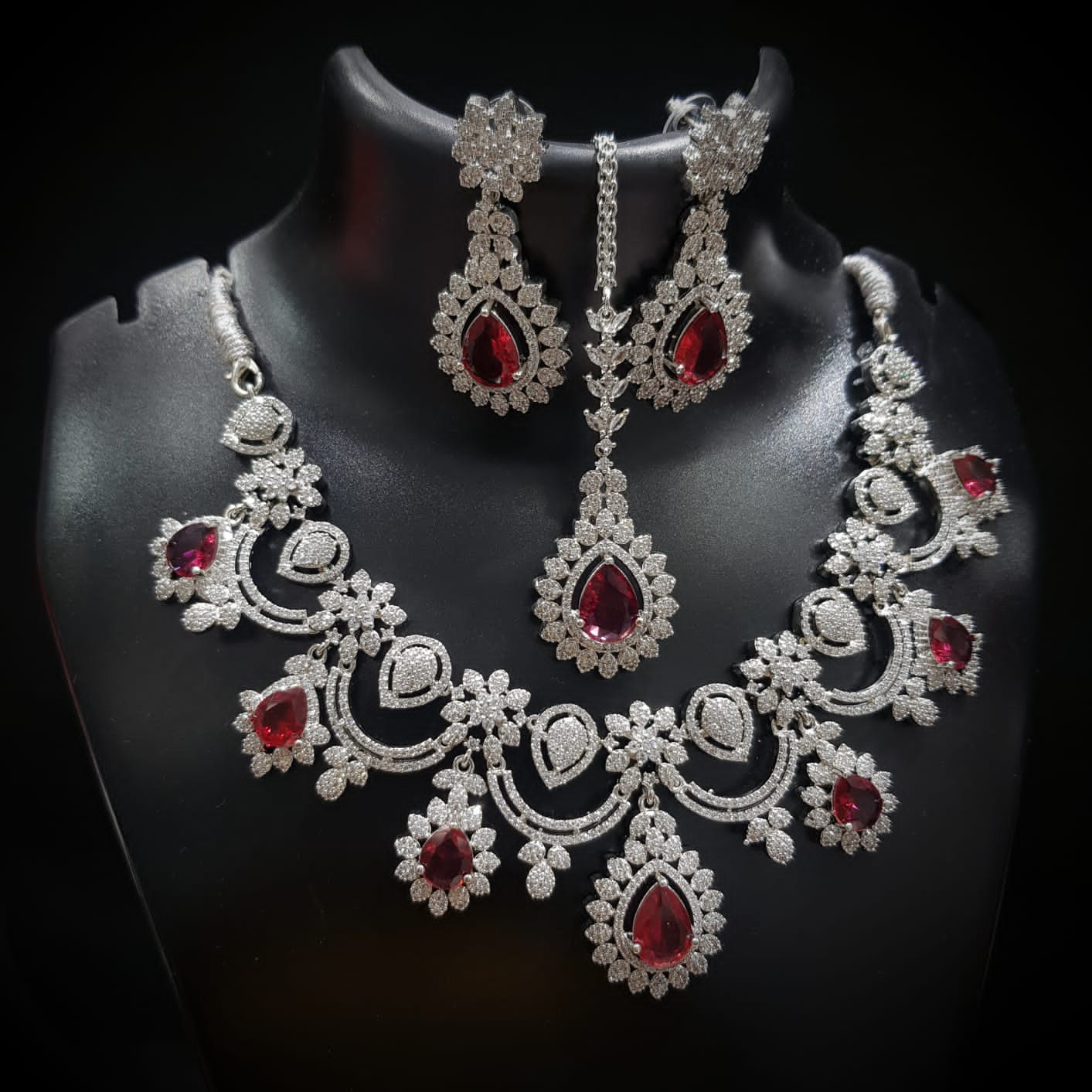 Real American Diamond Semi Bridal  Necklace with Long Earrings & Mangtika  (Only for Wholesale)