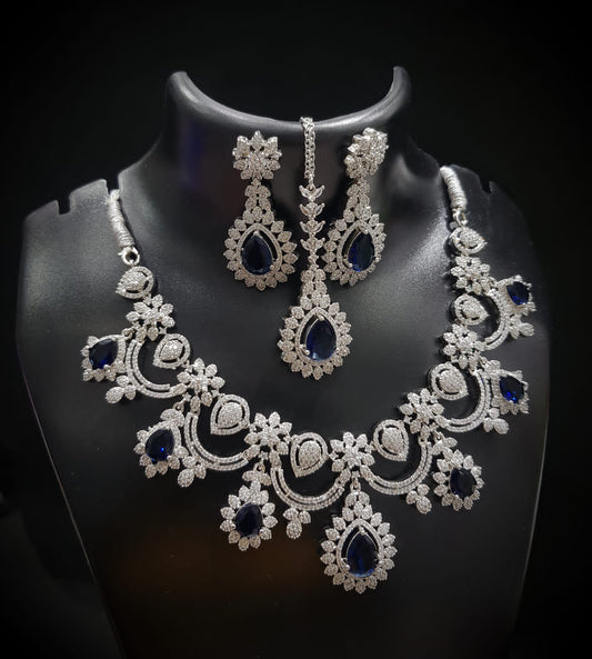 Real American Diamond Semi Bridal Necklace with Long Earrings & Mangtika (Only for Wholesale)