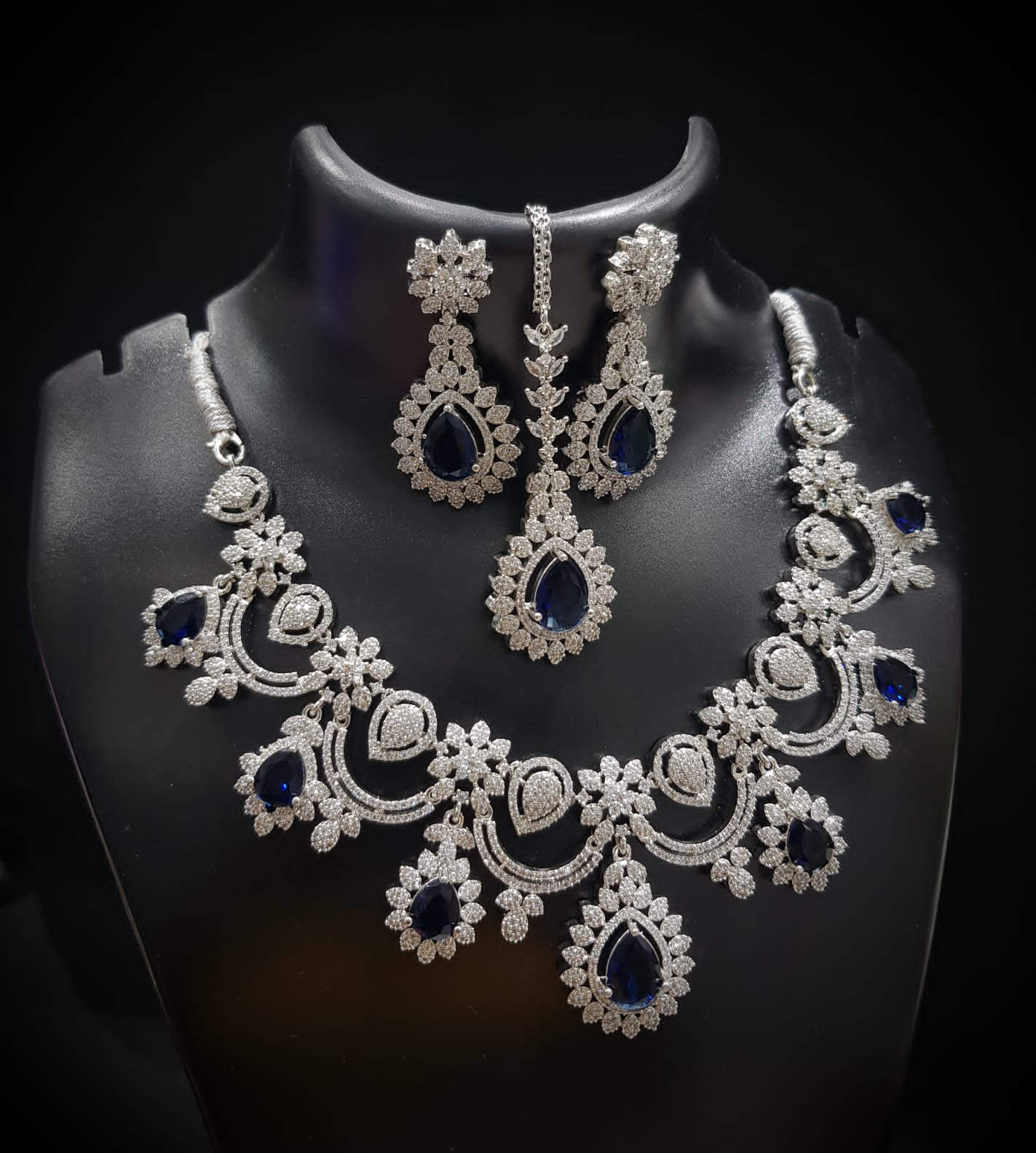 Real American Diamond Semi Bridal  Necklace with Long Earrings & Mangtika  (Only for Wholesale)