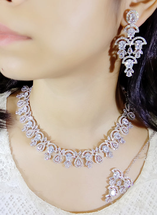 American Diamond Semi Bridal Necklace with Long Earrings & Mangtika (Only for Wholesale)