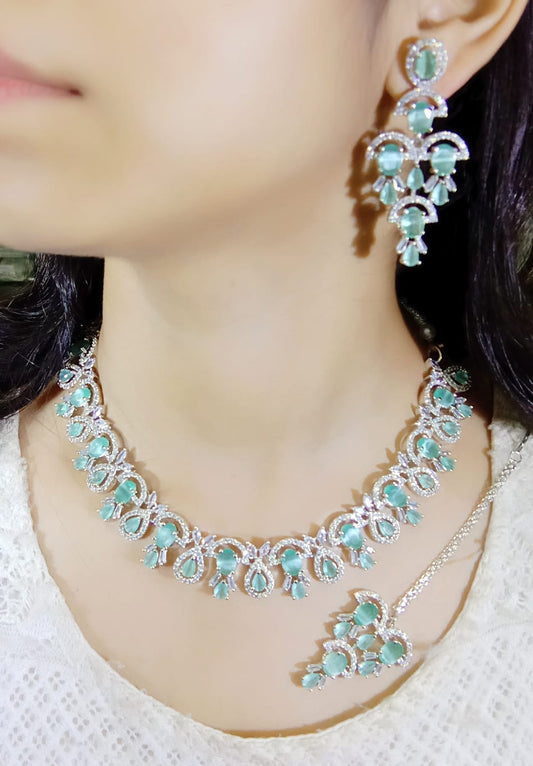 American Diamond Semi Bridal Necklace with Long Earrings & Mangtika (Only for Wholesale)