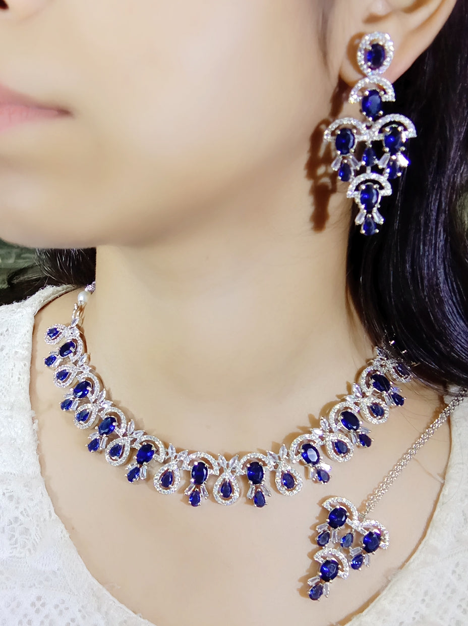 American Diamond Semi Bridal Necklace with Long Earrings & Mangtika (Only for Wholesale)