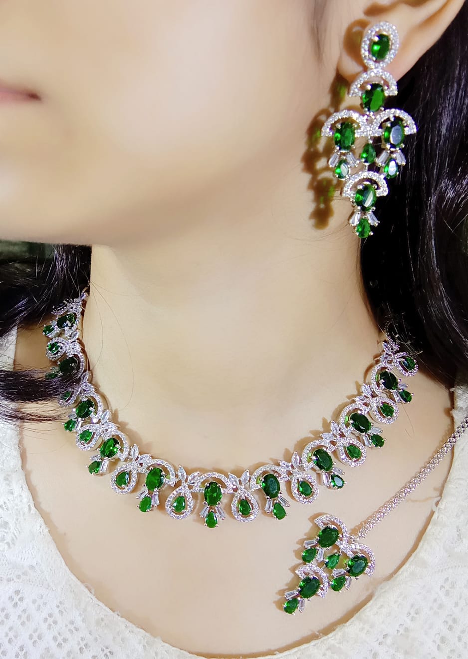 Real American Diamond Semi Bridal  Necklace with Long Earrings & Mangtika (Only for Wholesale)