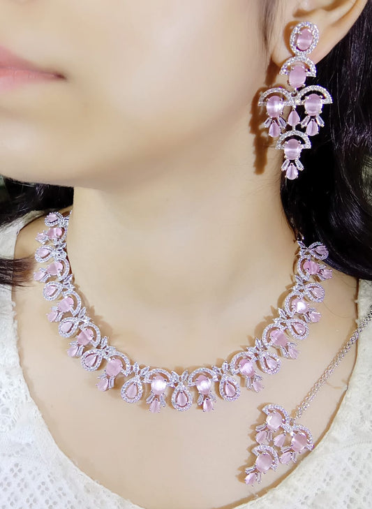 American Diamond Semi Bridal Necklace with Long Earrings & Mangtika (Only for Wholesale)